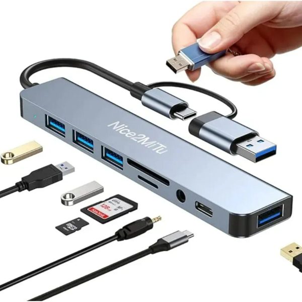 Adaptador 8 en 1 USB-C con USB, SD/TF y Audio AUX
