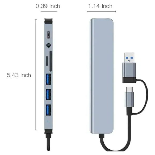 Adaptador 8 en 1 USB-C con USB, SD/TF y Audio AUX