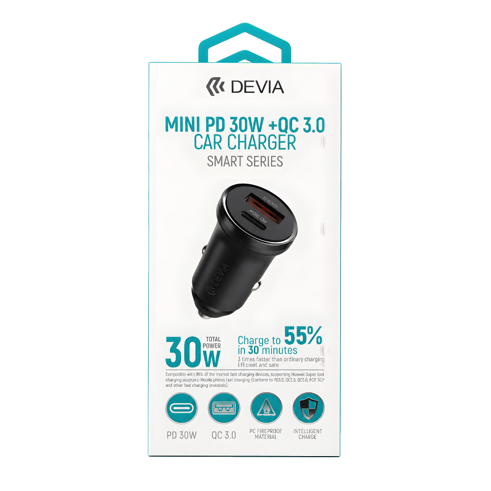 Cargador Auto DEVIA Cargador de Auto Devia Mini Smart Series PD 30W USB-C y USB QC 3.0 Negro