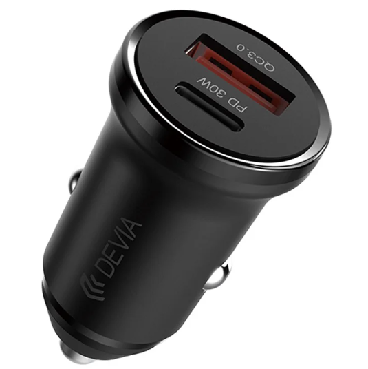 cargador auto devia (3) Cargador de Auto Devia Mini Smart Series PD 30W USB-C y USB QC 3.0 Negro