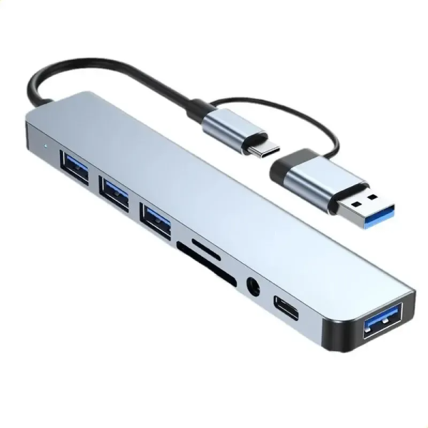 Adaptador 8 en 1 USB-C con USB, SD/TF y Audio AUX
